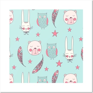 Cartoon Animals And Stars Pattern Art Posters and Art